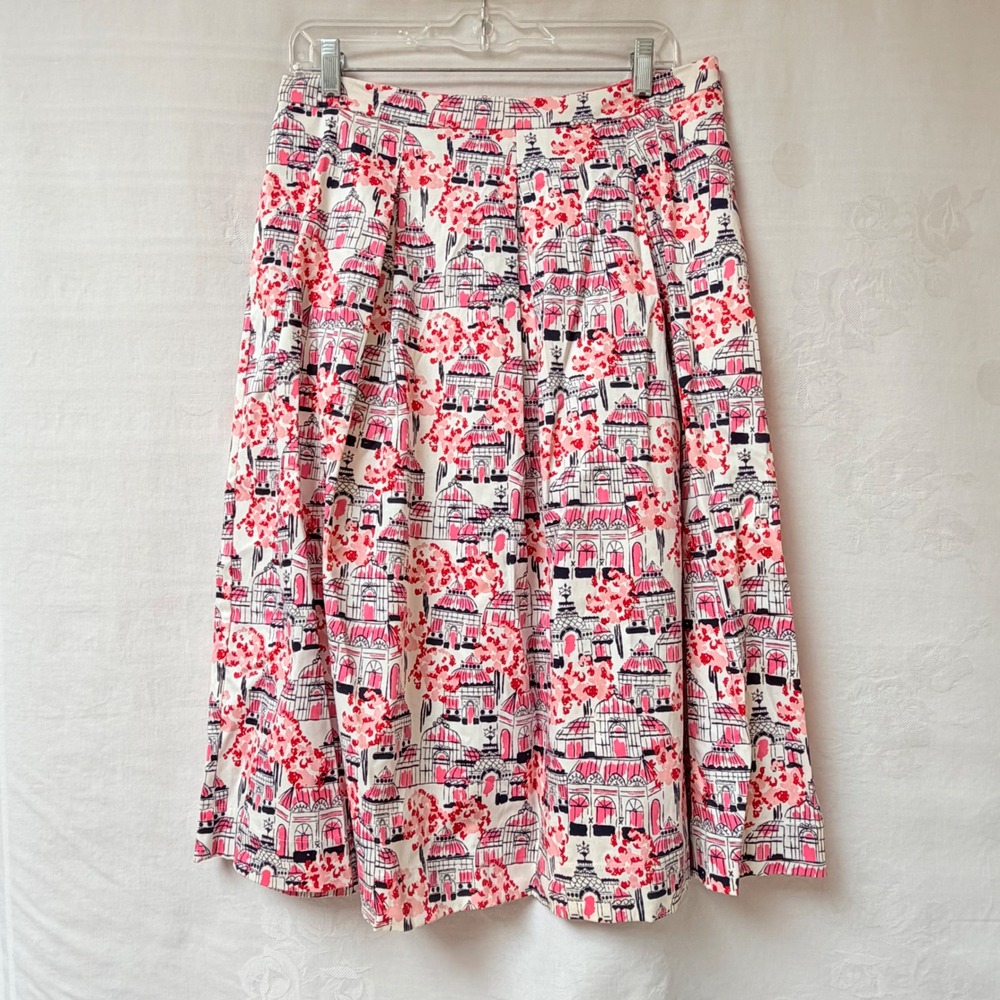 Boden Greenhouse Print Skirt Womens 10 Pink Architectural Pleated Midi Preppy